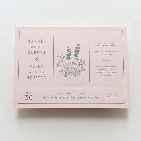 Modern Bluebonnet Letterpress Wedding Invitation